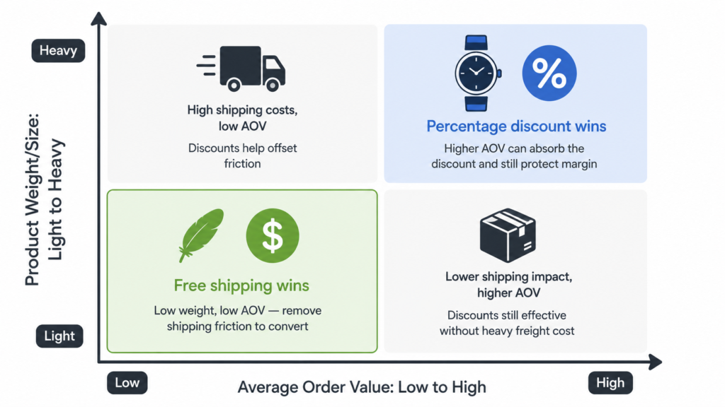 Decision matrix showing when free shipping wins versus when a percentage discount wins, based on average order value and product weight