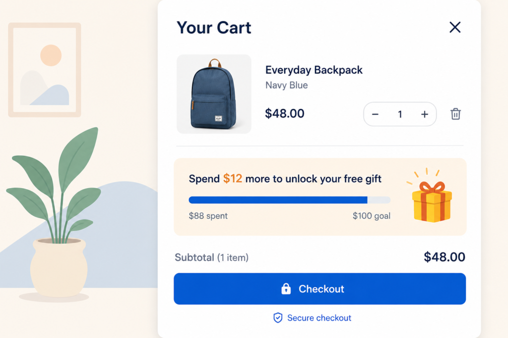 Shopify cart drawer with a free gift progress bar reading spend 12 dollars more to unlock your free gift