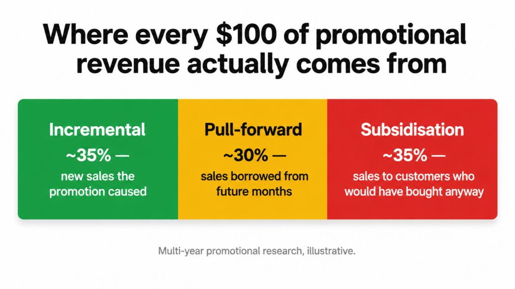 Stacked bar chart showing how promotional revenue splits into incremental sales, pull-forward sales, and subsidised sales to existing customers